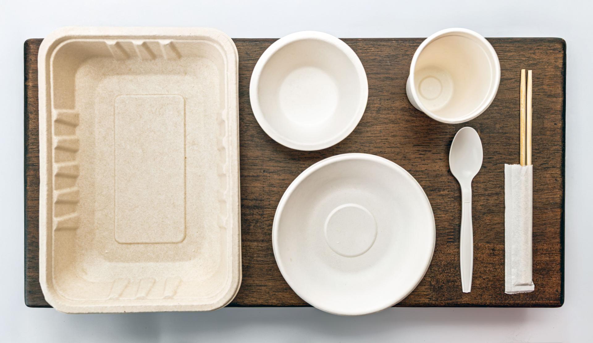 Eco friendly disposable tableware set includes tray, bowls, cup, spoon, and chopsticks on wooden surface, promoting sustainability