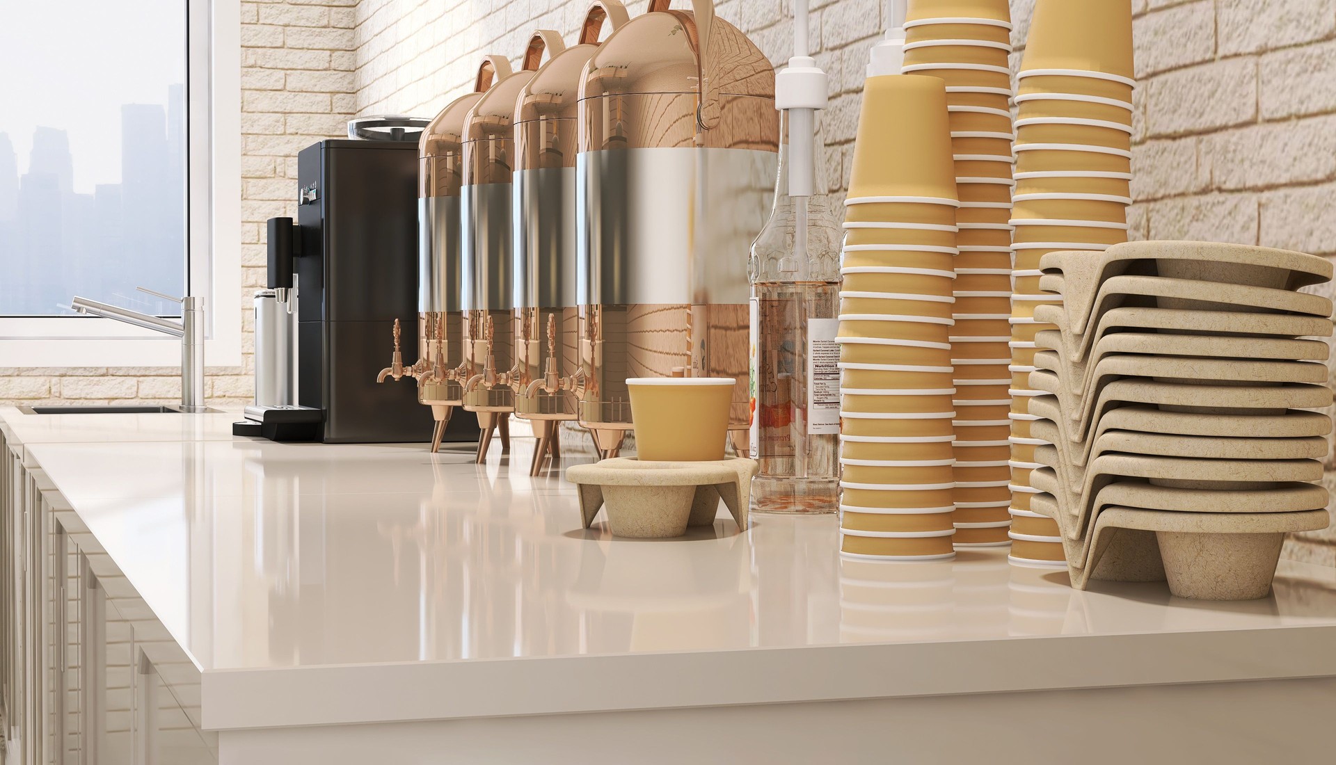 Close up catering beverage station counter top with espresso coffee making machine and stainless steel hot drink dispensers, syrup, paper cup and snack holder tray