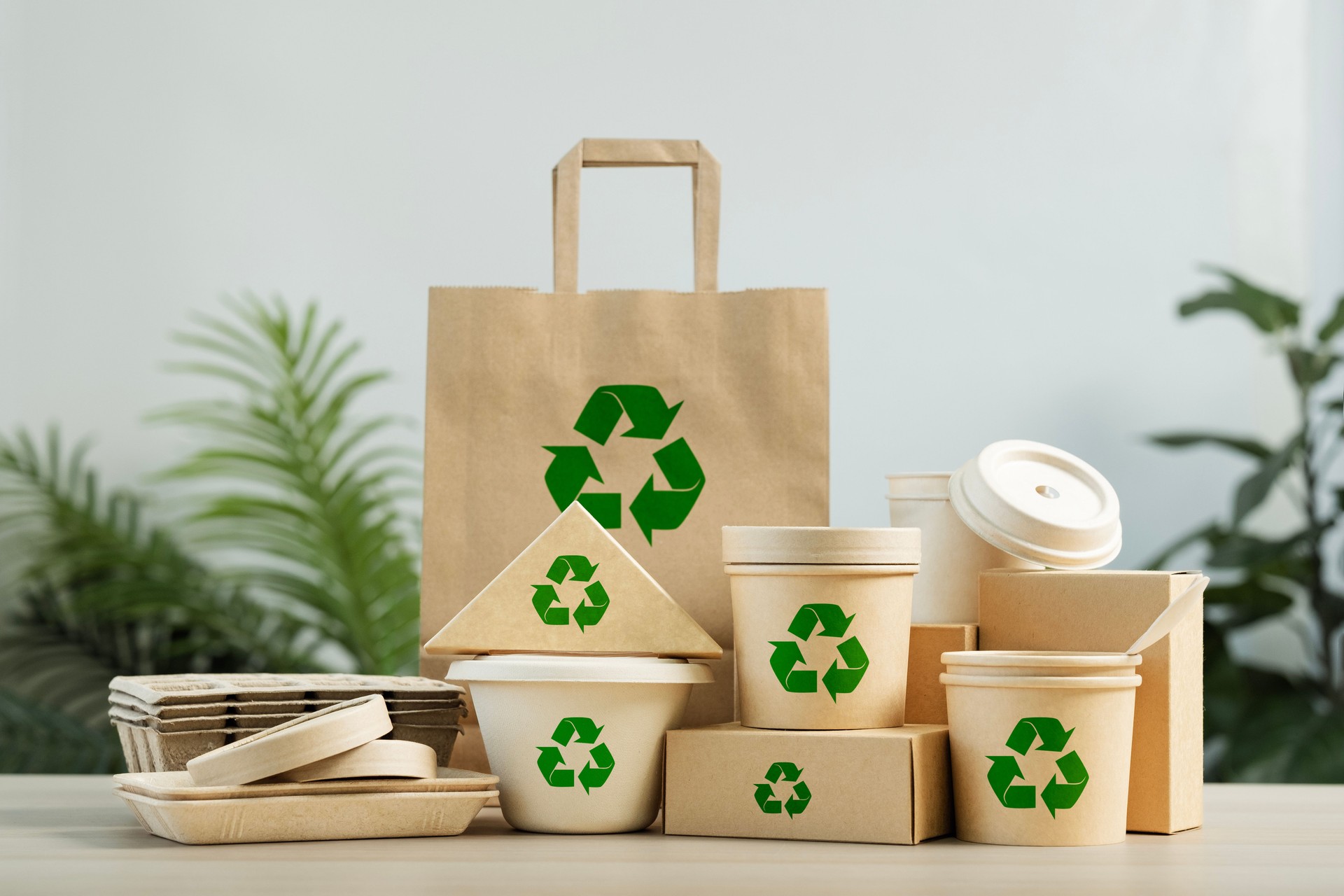 Use of eco-friendly paper tableware and packaging made from biodegradable materials. Set of eco friendly food packaging with recycling symbols on table white background.